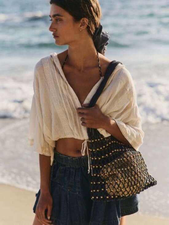 Free People Handbags - FREE PEOPLE Wishing Well Beaded Macrame Net Tote Bag Navy Blue NWT
